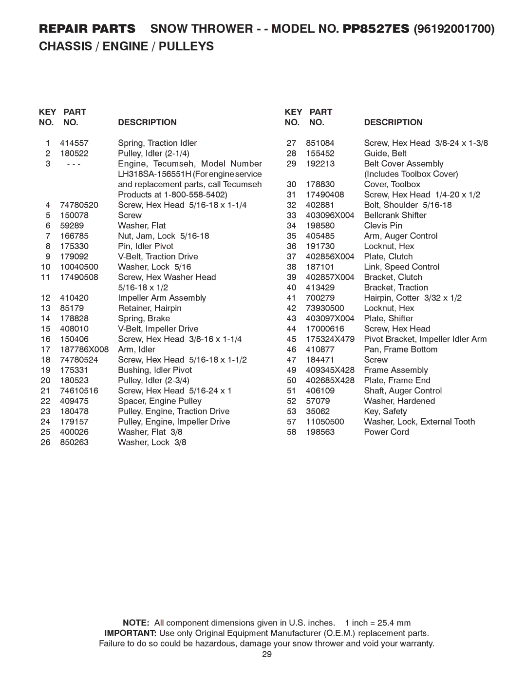 Poulan 414641 owner manual KEY Part Description 