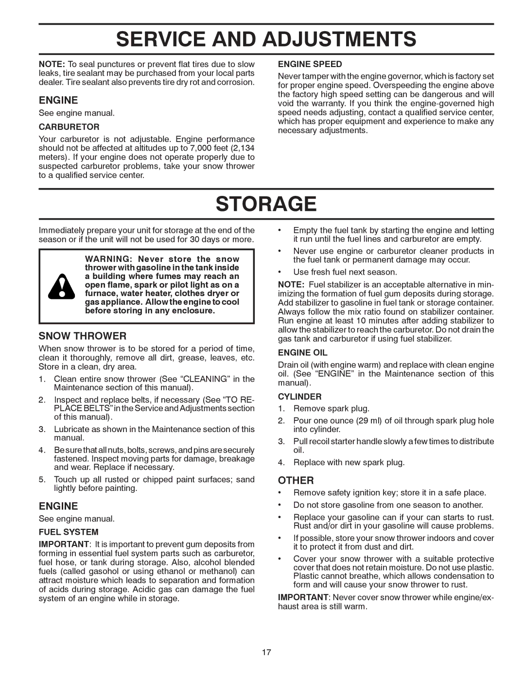 Poulan 414643 owner manual Storage, Other 