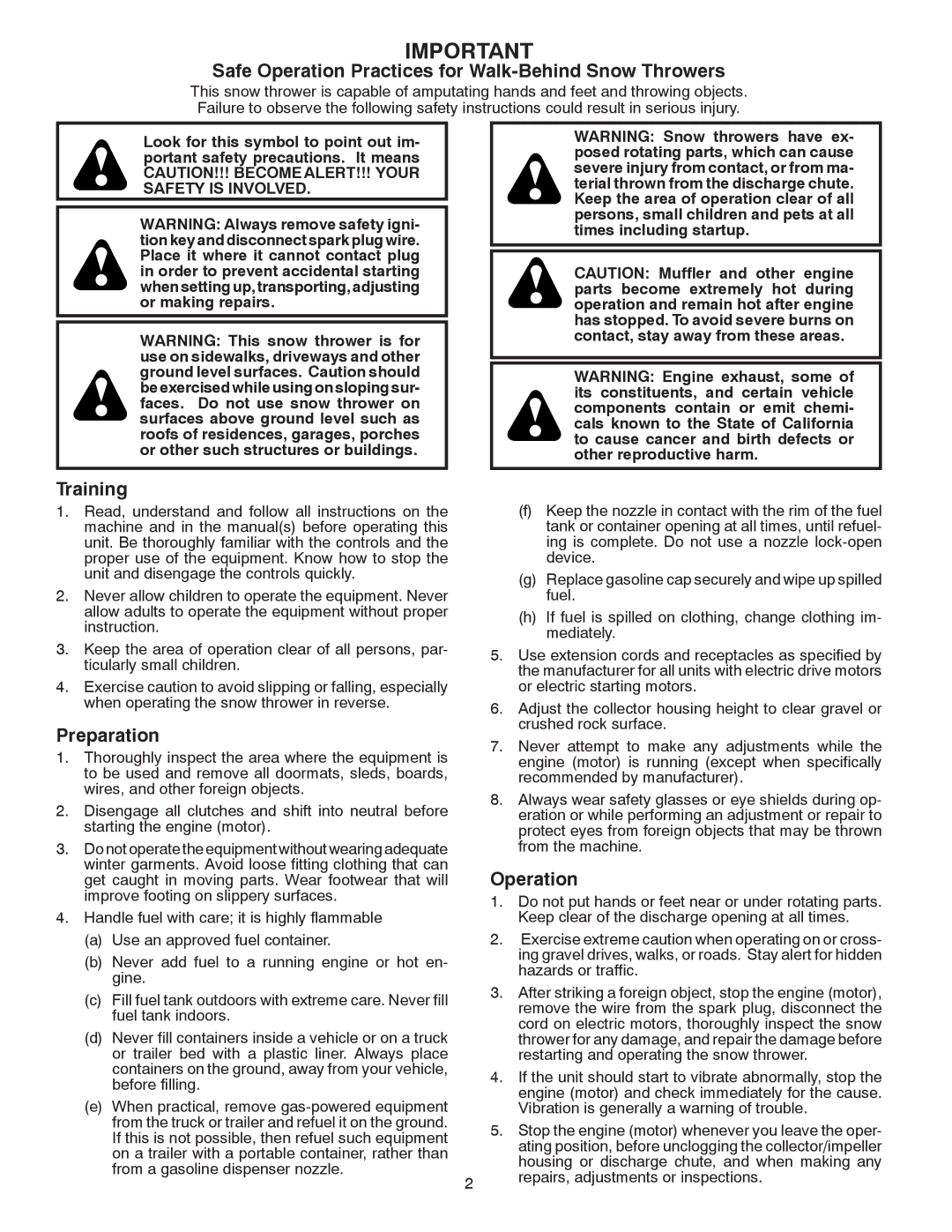 Poulan 414643 owner manual Safe Operation Practices for Walk-Behind Snow Throwers 