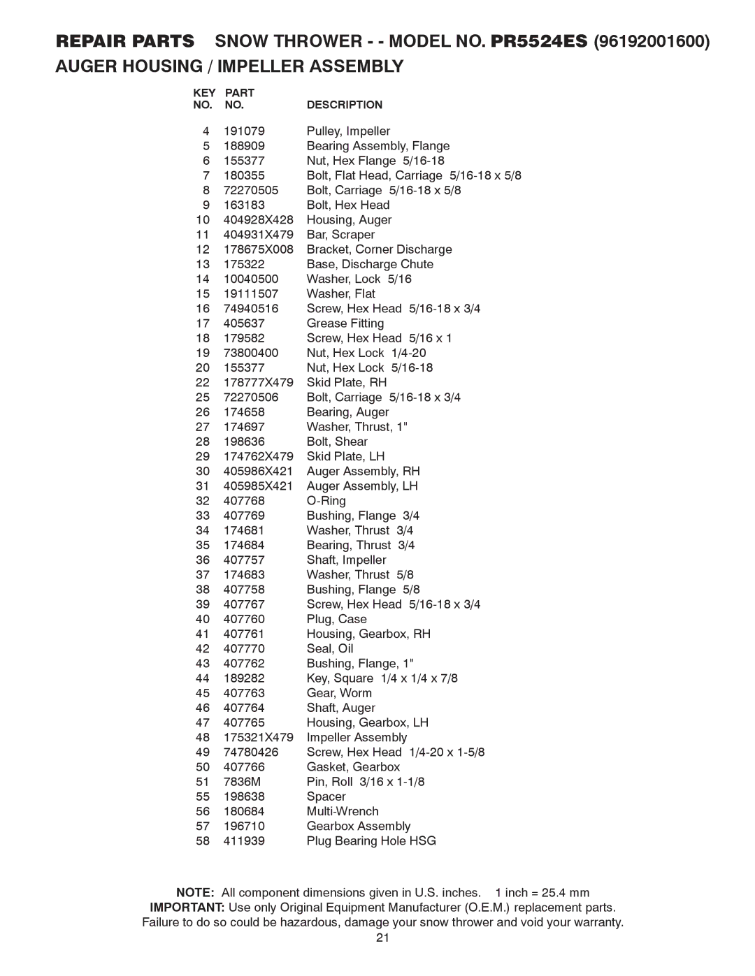 Poulan 414643 owner manual KEY Part Description 