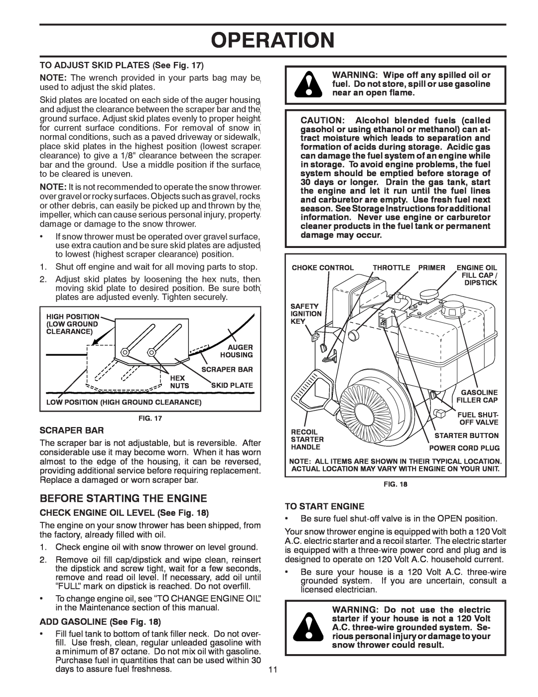 Poulan 414659 Operation, Before Starting The Engine, TO ADJUST SKID PLATES See Fig, Scraper Bar, ADD GASOLINE See Fig 