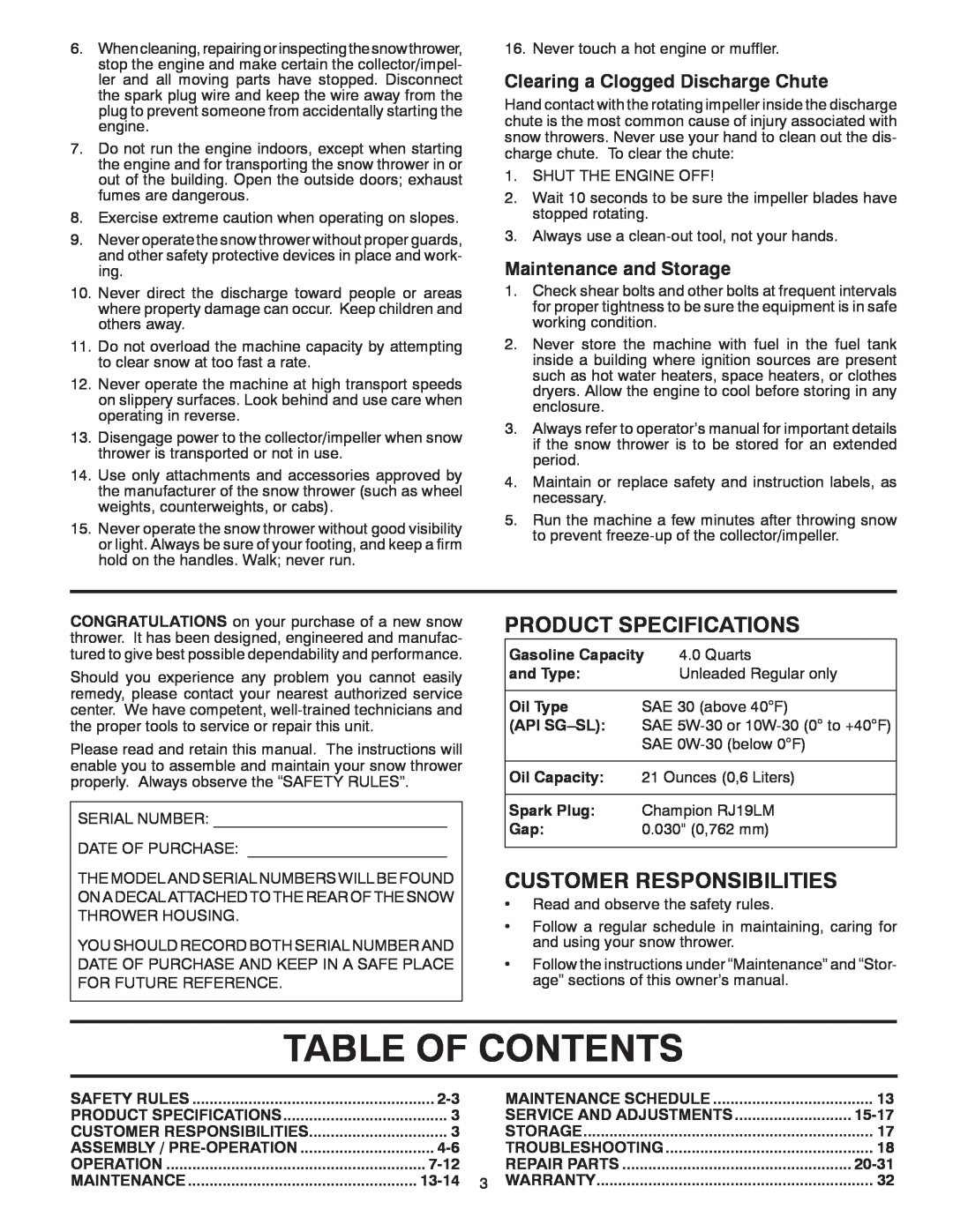 Poulan 414659 Table Of Contents, Product Specifications, Customer Responsibilities, Clearing a Clogged Discharge Chute 