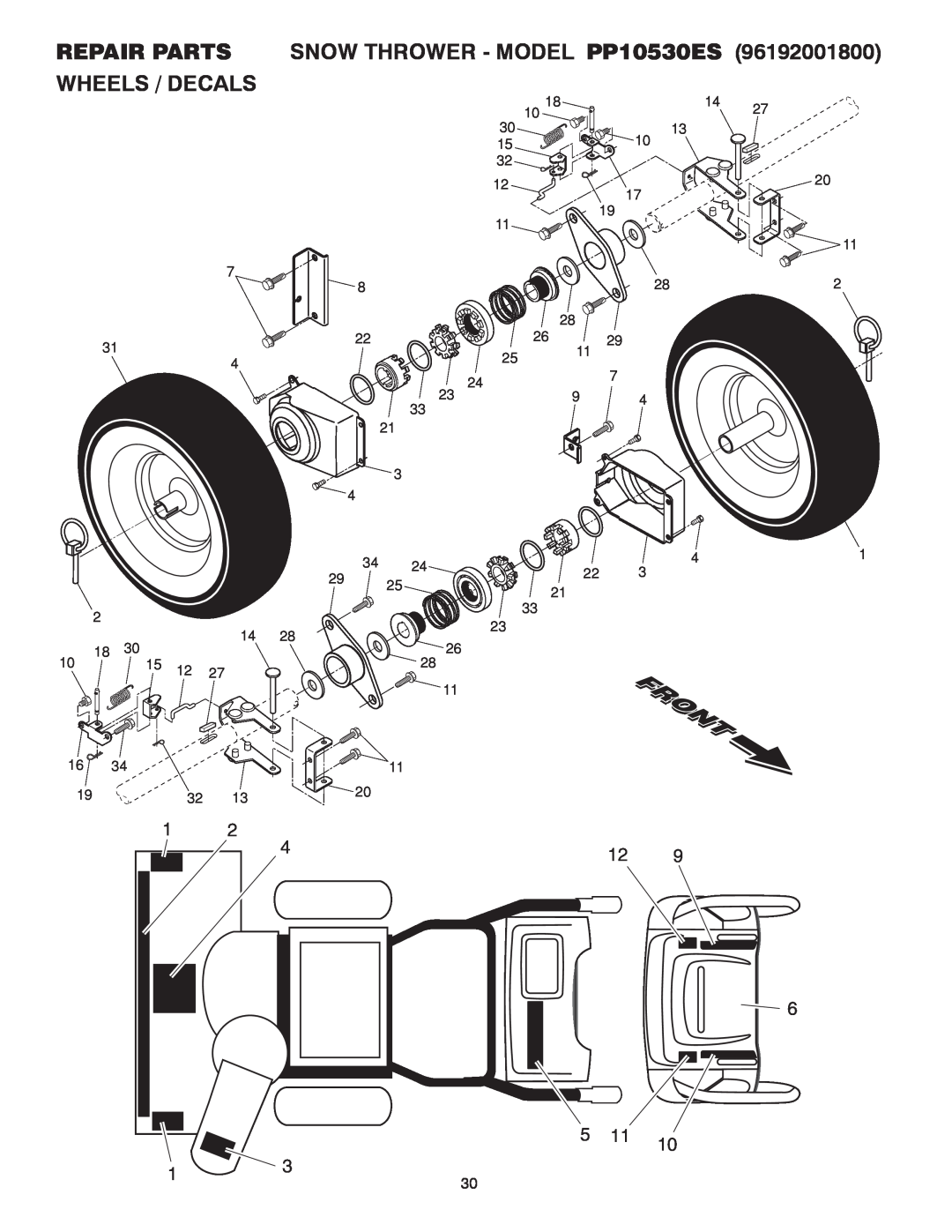 Poulan 414659 owner manual SNOW THROWER - MODEL PP10530ES, Repair Parts Wheels / Decals 