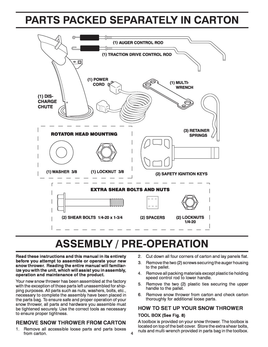 Poulan 414659 owner manual Parts Packed Separately In Carton, Assembly / Pre-Operation, How To Set Up Your Snow Thrower 