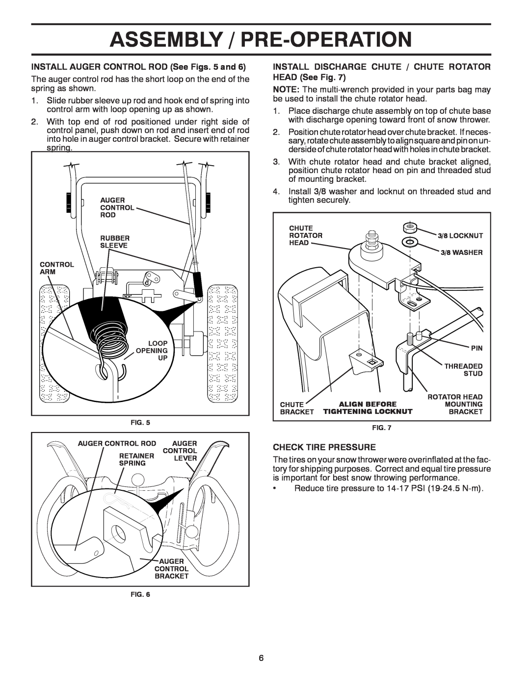 Poulan 414659 owner manual Assembly / Pre-Operation, INSTALL AUGER CONTROL ROD See Figs. 5 and, Check Tire Pressure 