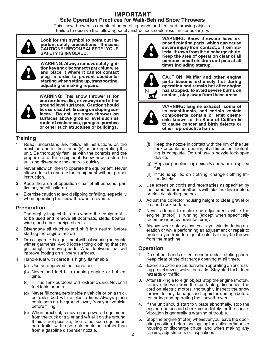 Poulan 414659 owner manual Safe Operation Practices for Walk-Behind Snow Throwers 