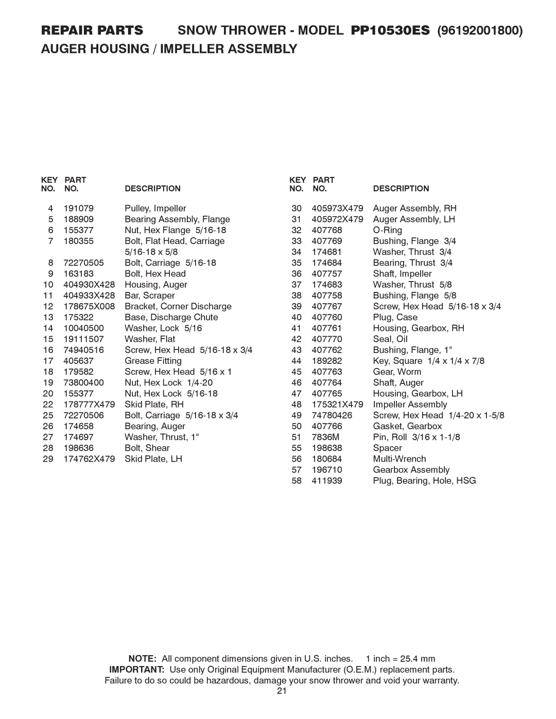 Poulan 414659 owner manual KEY Part Description 