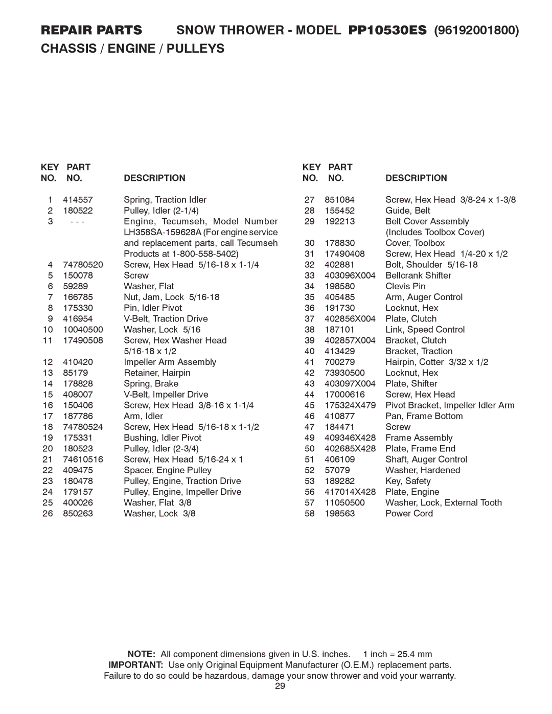 Poulan 414659 owner manual KEY Part Description 