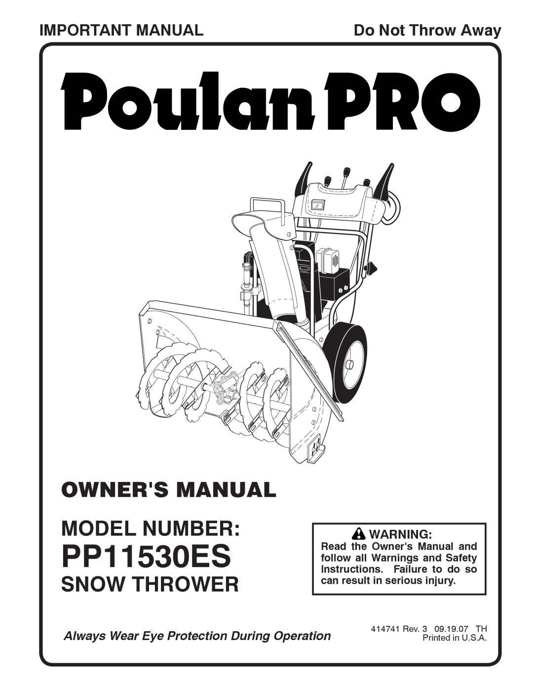 Poulan 414741 owner manual Model Number, Snow Thrower 