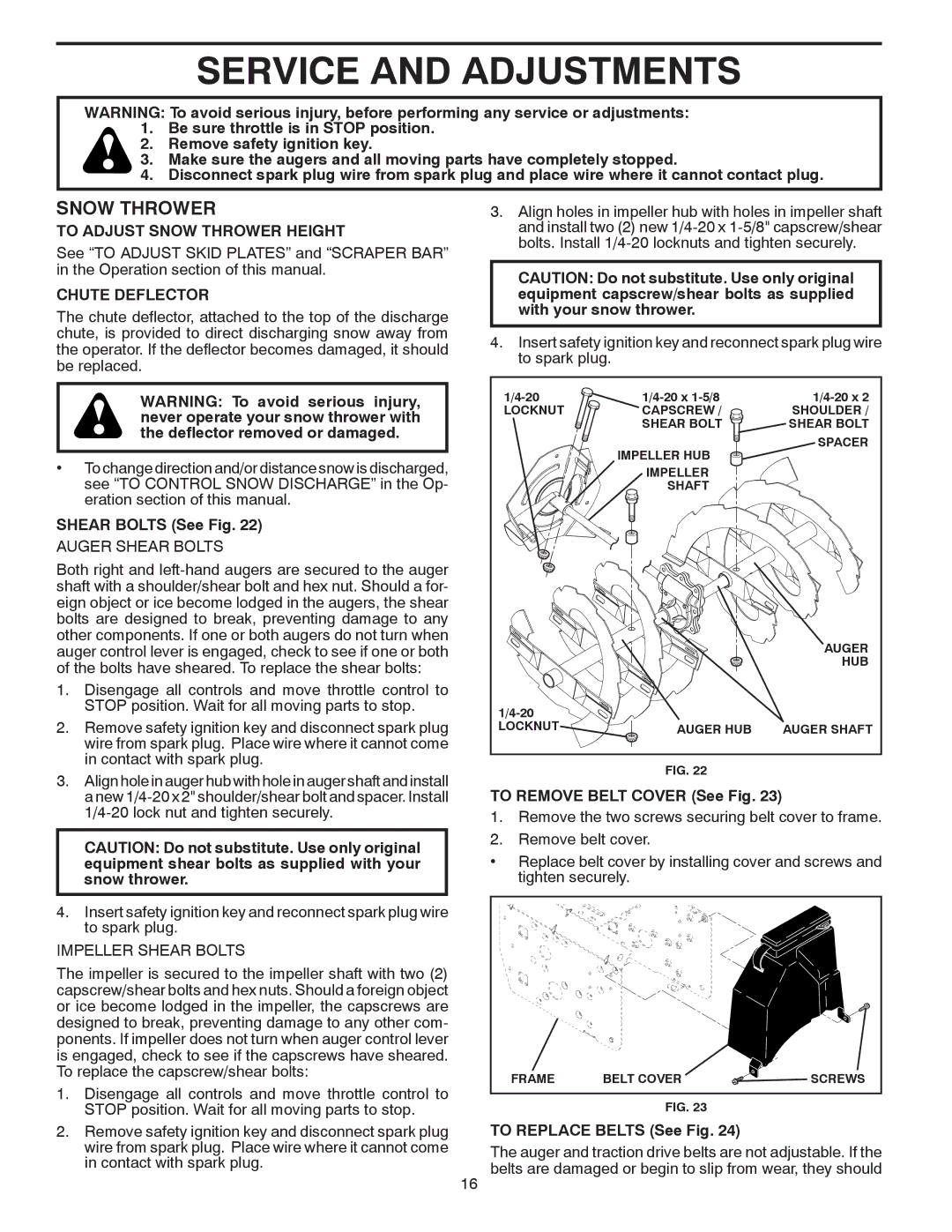 Poulan 414741 owner manual Service and Adjustments, To Adjust Snow Thrower Height, Chute Deflector 