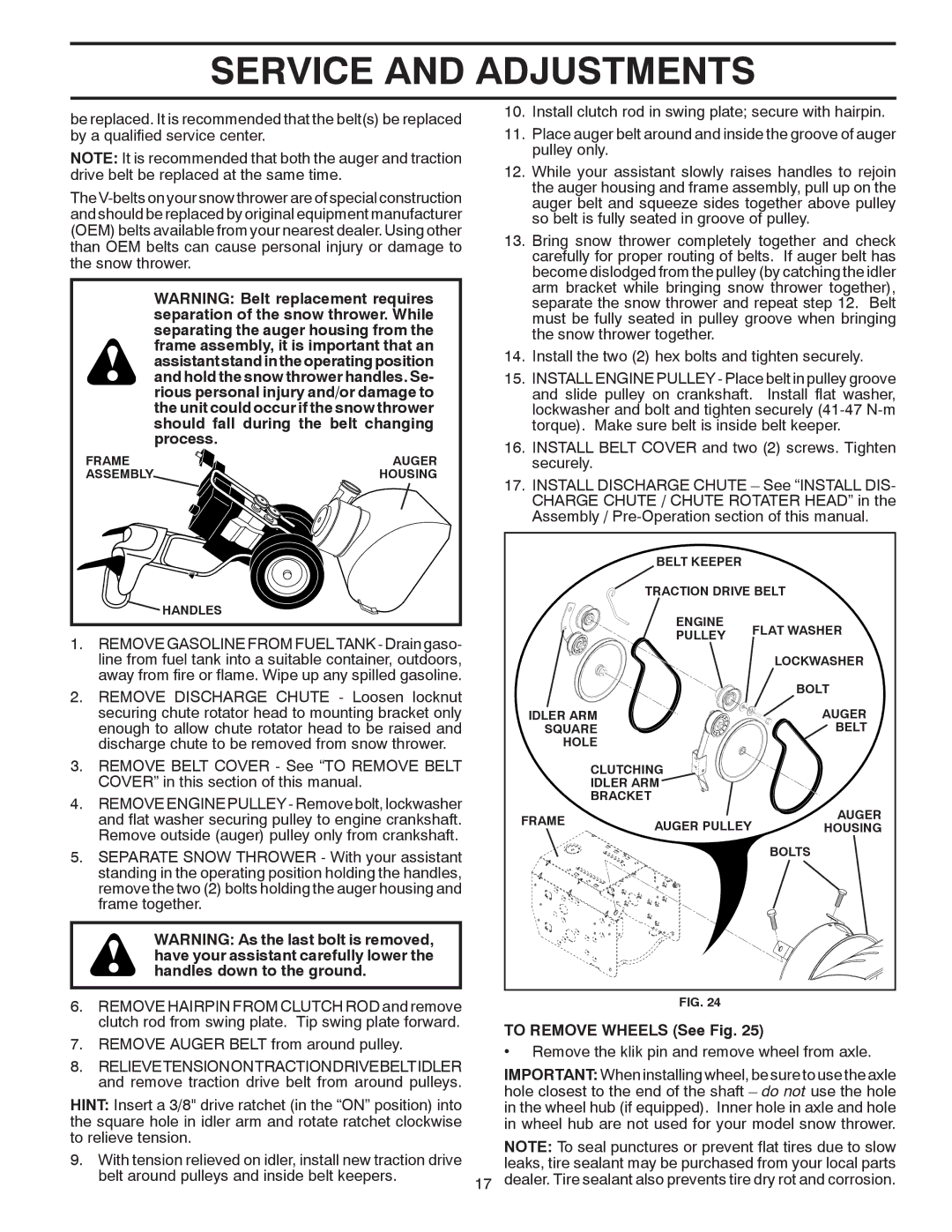 Poulan 414741 owner manual To Remove Wheels See Fig, Remove the klik pin and remove wheel from axle 