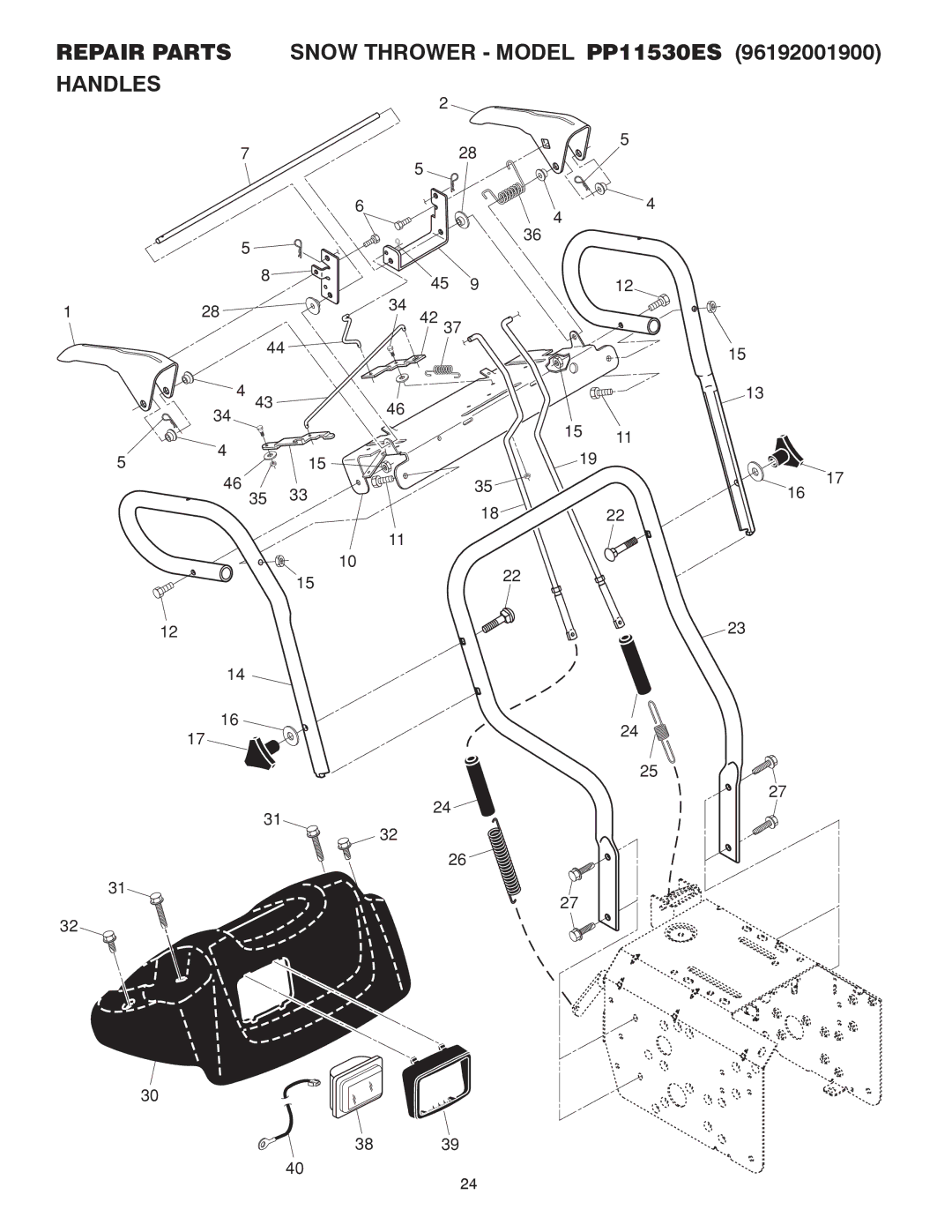 Poulan 414741 owner manual Repair Parts Snow Thrower Model PP11530ES Handles 