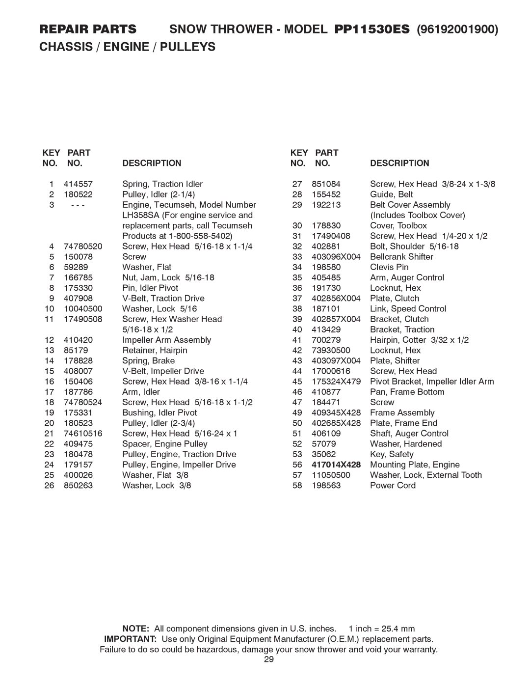 Poulan 414741 owner manual KEY Part Description, 417014X428 