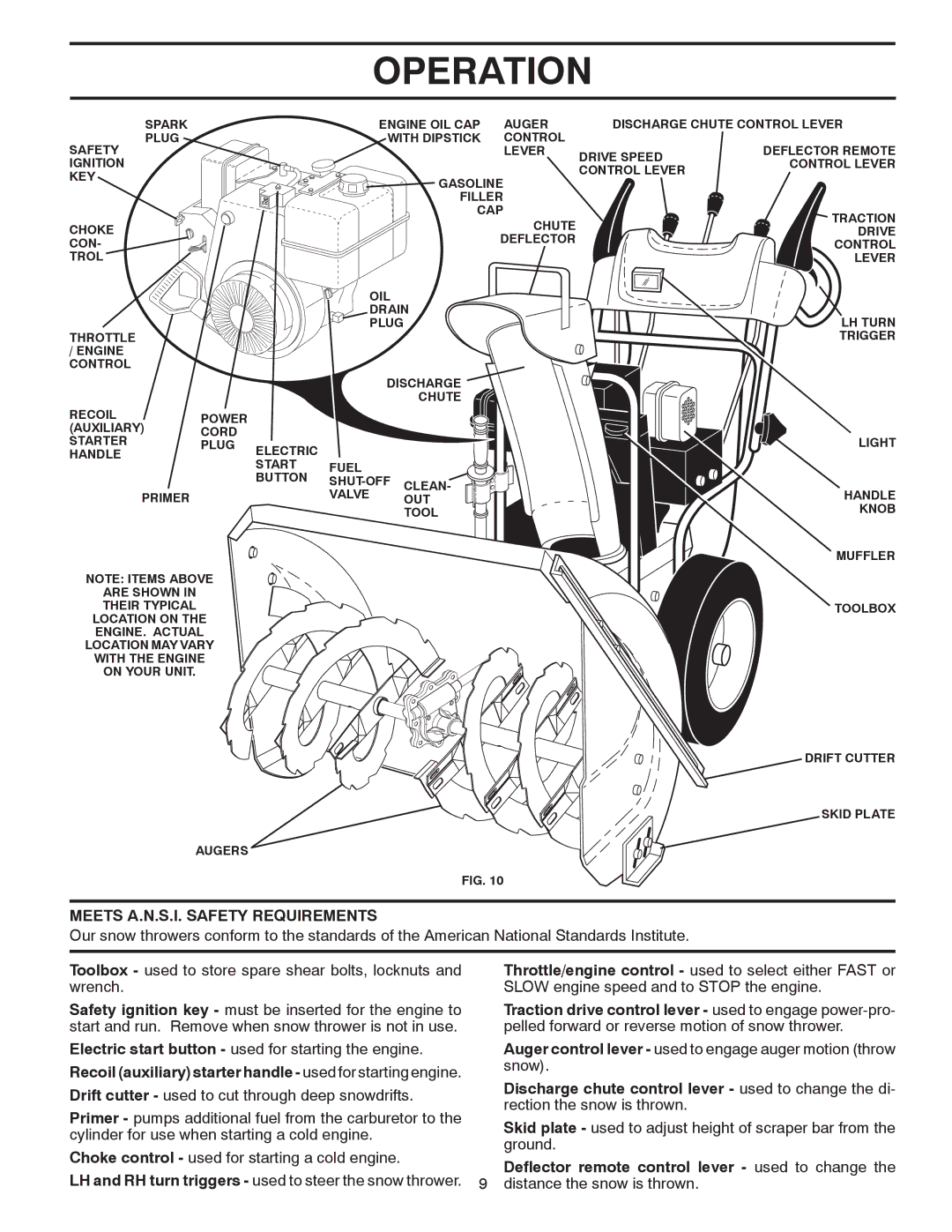 Poulan 414741 owner manual Meets A.N.S.I. Safety Requirements, Deflector remote control lever used to change 