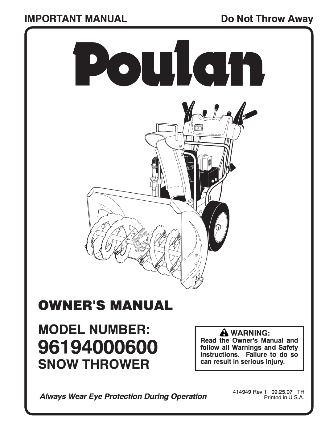 Poulan 414949 owner manual Snow Thrower, Important Manual, Do Not Throw Away, 96194000600 