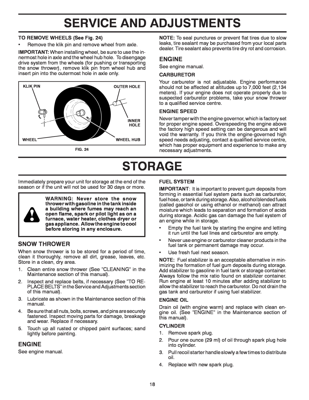Poulan 414949 Storage, Service And Adjustments, Snow Thrower, TO REMOVE WHEELS See Fig, Carburetor, Engine Speed 