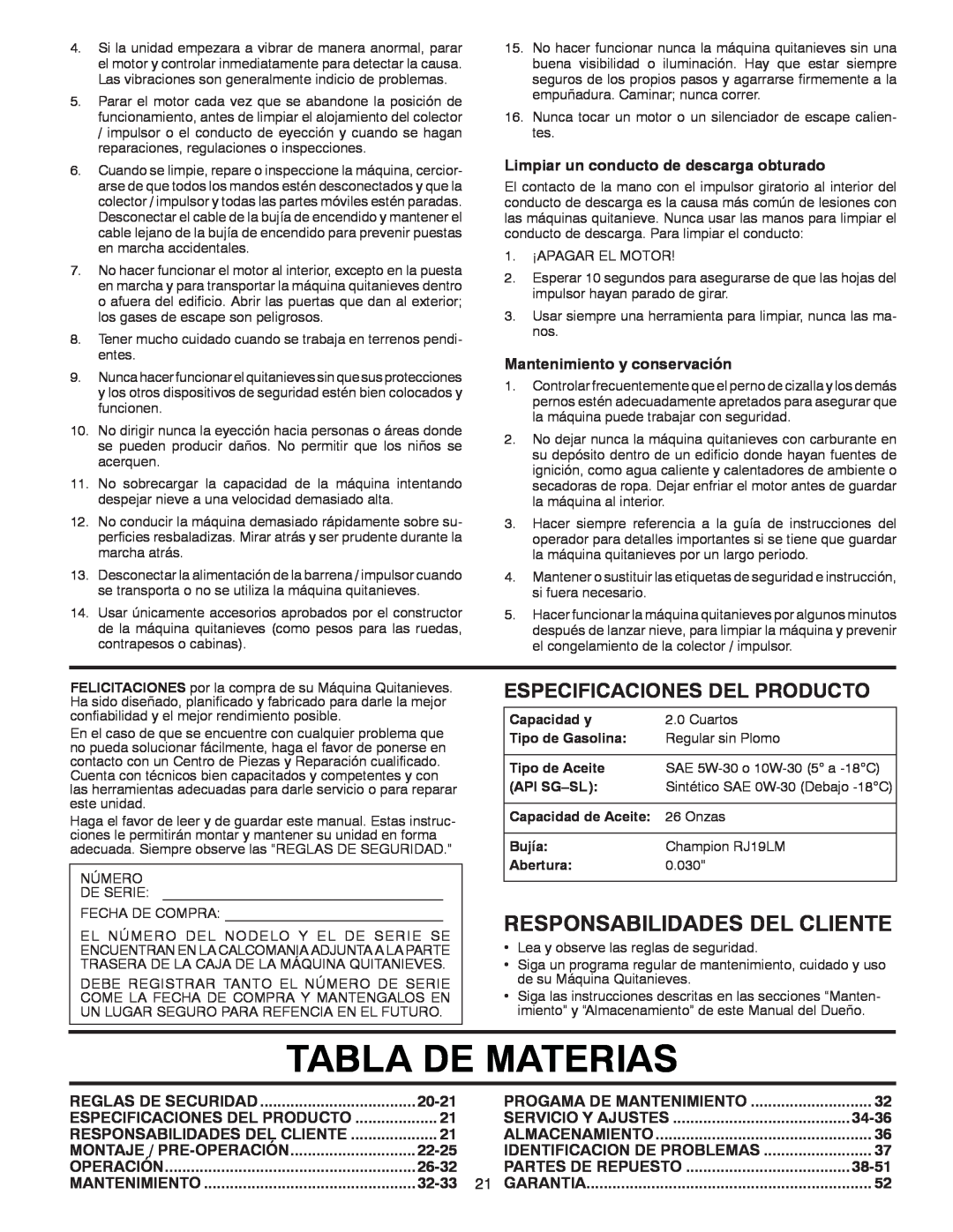 Poulan 414949 Responsabilidades Del Cliente, Tabla De Materias, Especificaciones Del Producto, 20-21, 22-25, 26-32, 32-33 