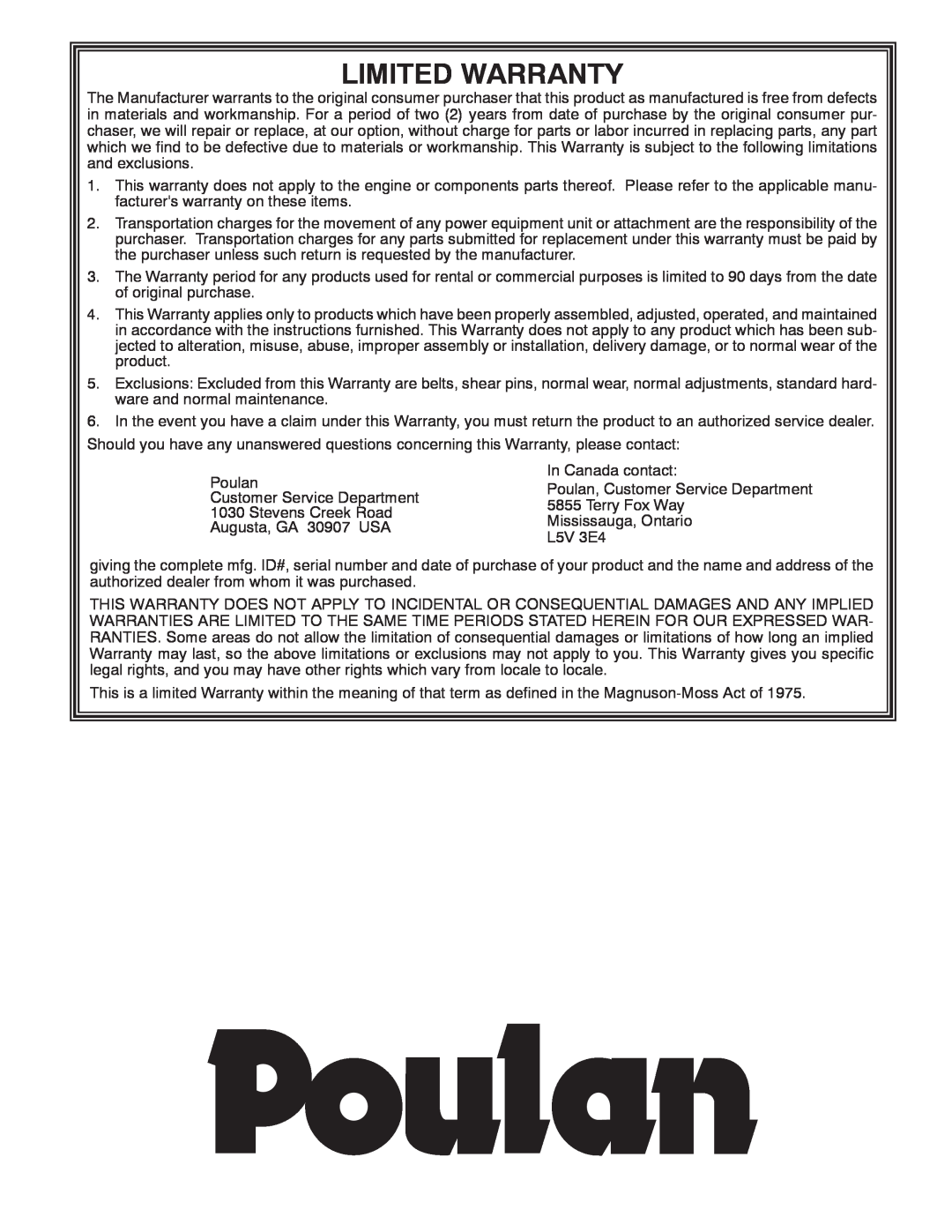 Poulan 414949 owner manual Limited Warranty 