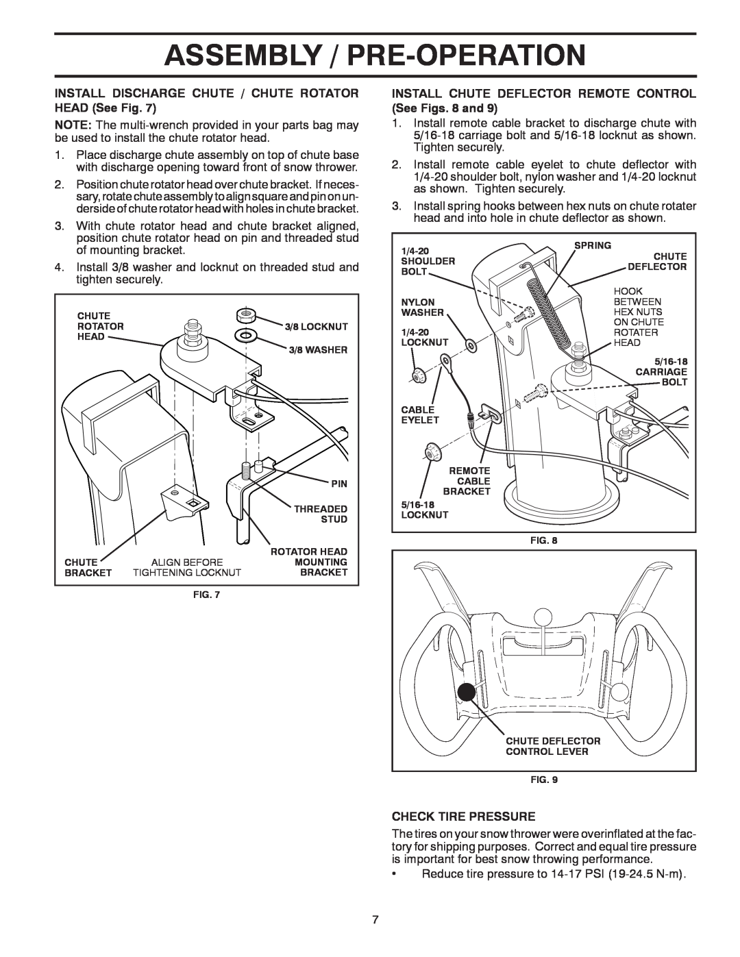 Poulan 414949 Assembly / Pre-Operation, INSTALL DISCHARGE CHUTE / CHUTE ROTATOR HEAD See Fig, Check Tire Pressure 