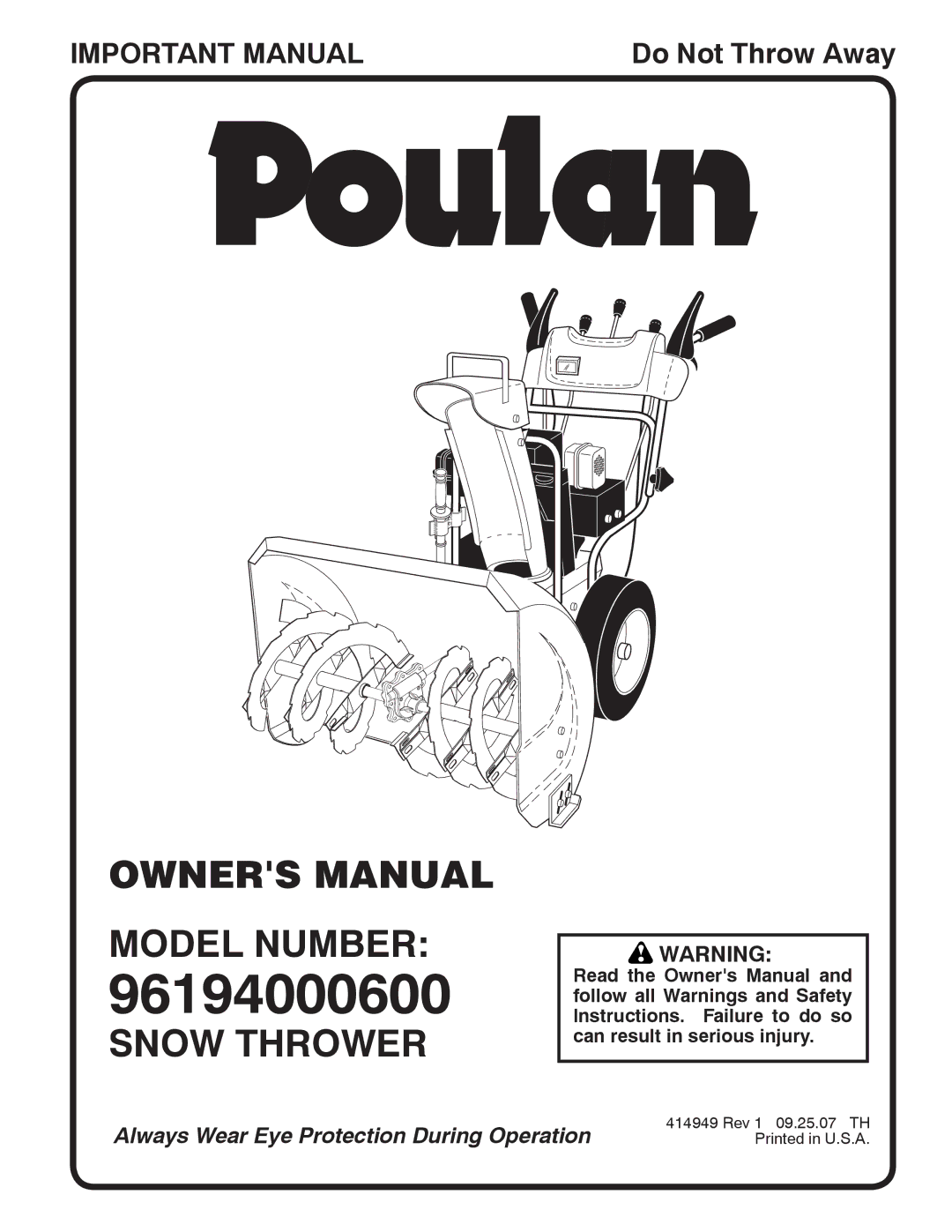 Poulan 414949 owner manual Model Number, Snow Thrower 