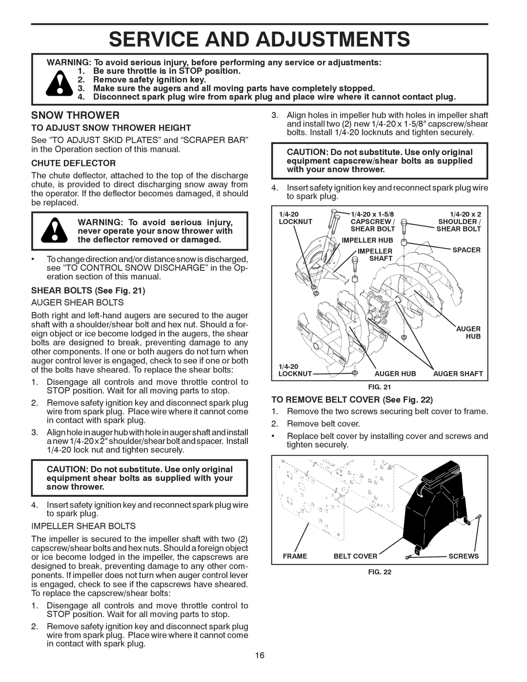 Poulan 414949 owner manual Service and Adjustments, To Adjust Snow Thrower Height, Chute Deflector, Shear Bolts See Fig 