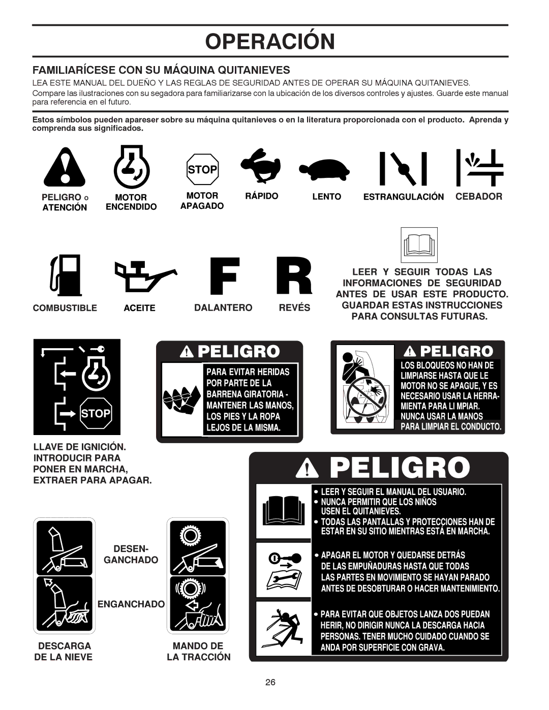 Poulan 414949 owner manual Operación, Familiarícese CON SU Máquina Quitanieves 