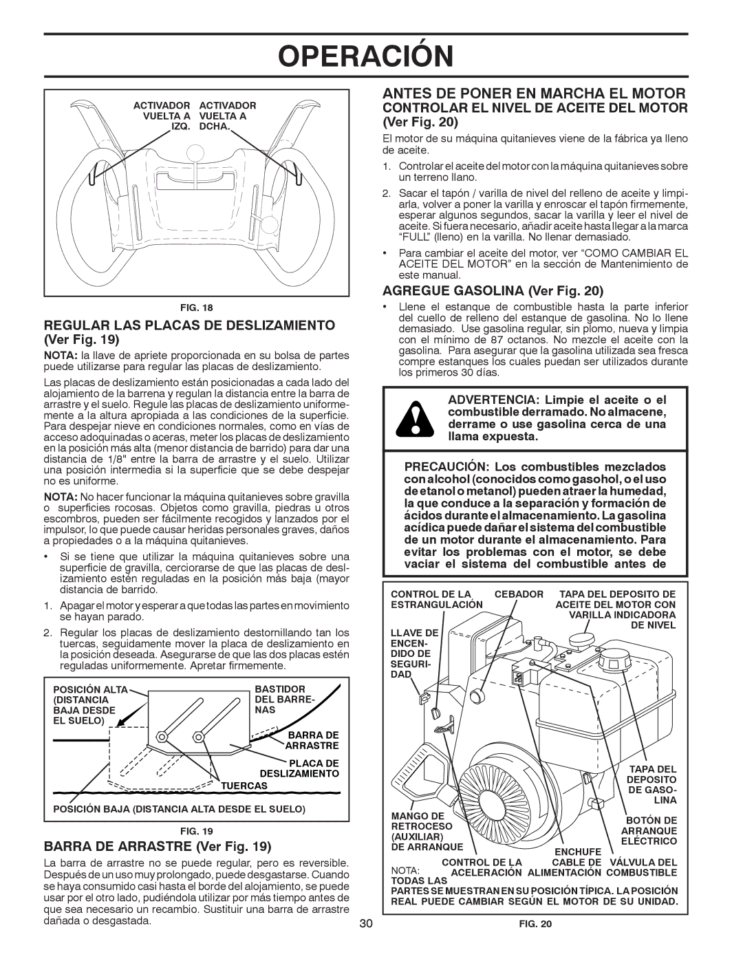 Poulan 414949 Antes DE Poner EN Marcha EL Motor, Regular LAS Placas DE Deslizamiento Ver Fig, Barra DE Arrastre Ver Fig 