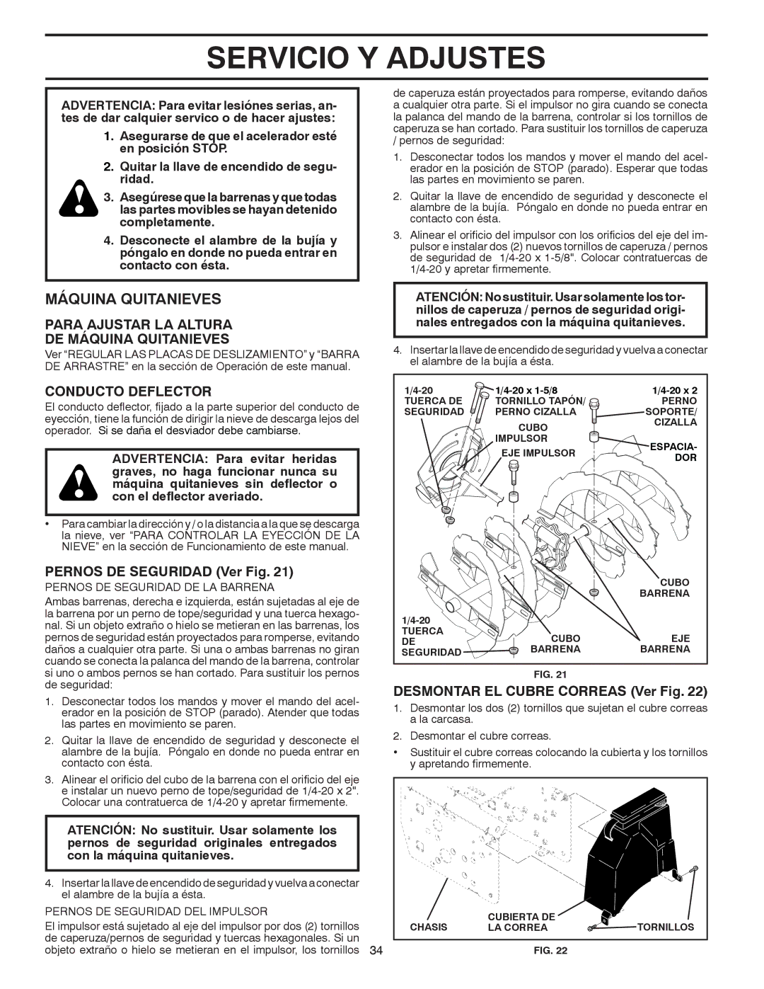 Poulan 414949 owner manual Servicio Y Adjustes, Para Ajustar LA Altura DE Máquina Quitanieves, Conducto Deflector 