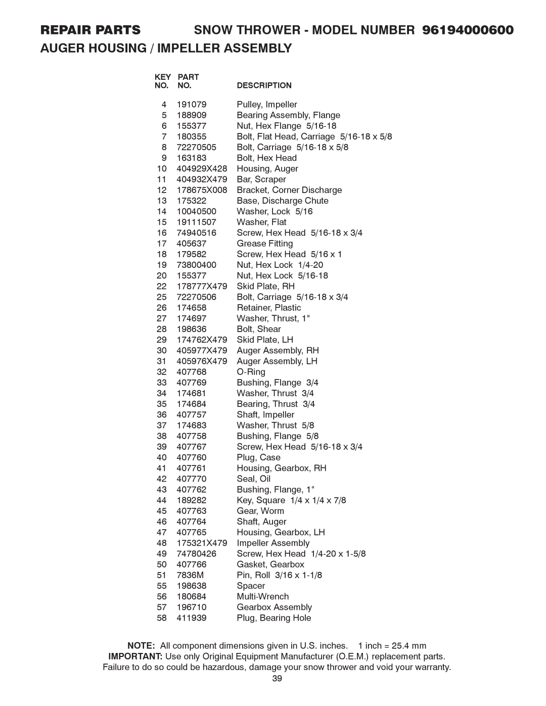 Poulan 414949 owner manual KEY Part Description 