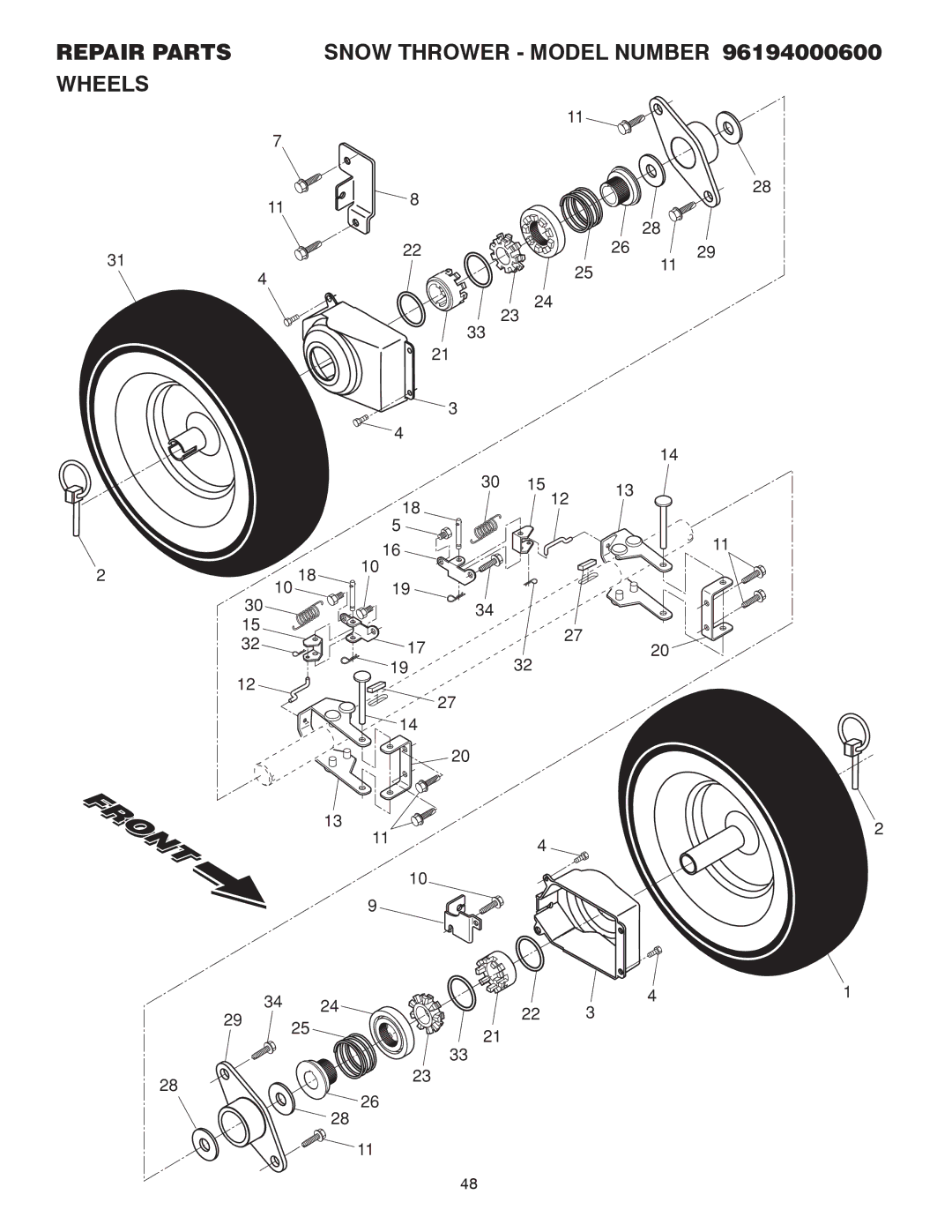 Poulan 414949 owner manual Repair Parts Snow Thrower Model Number 96194000600 Wheels 