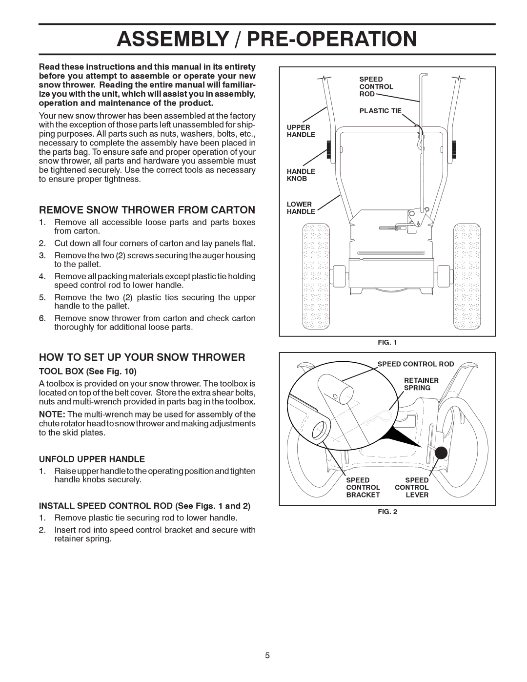 Poulan 414949 owner manual Assembly / PRE-OPERATION, Remove Snow Thrower from Carton, HOW to SET UP Your Snow Thrower 