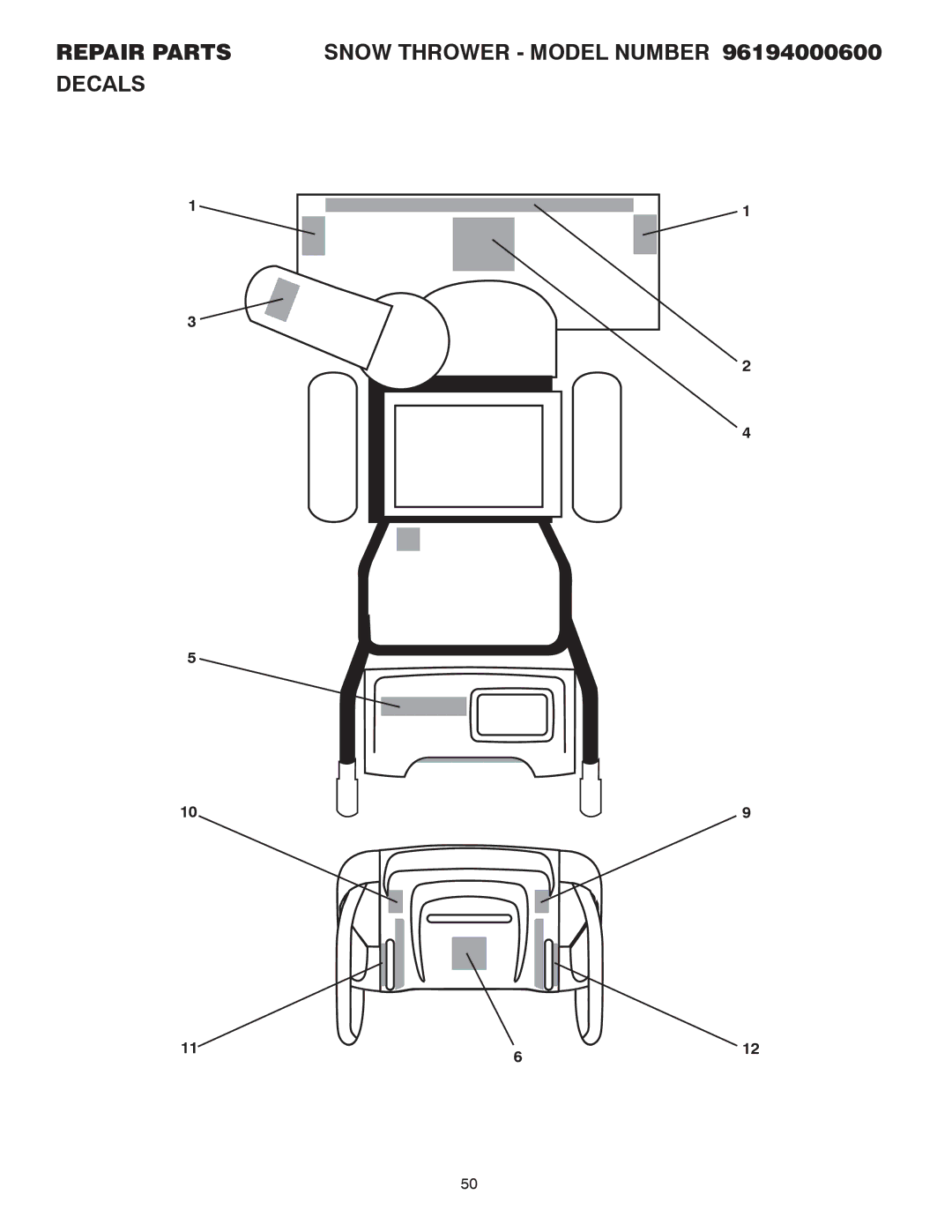 Poulan 414949 owner manual Repair Parts Snow Thrower Model Number 96194000600 Decals 