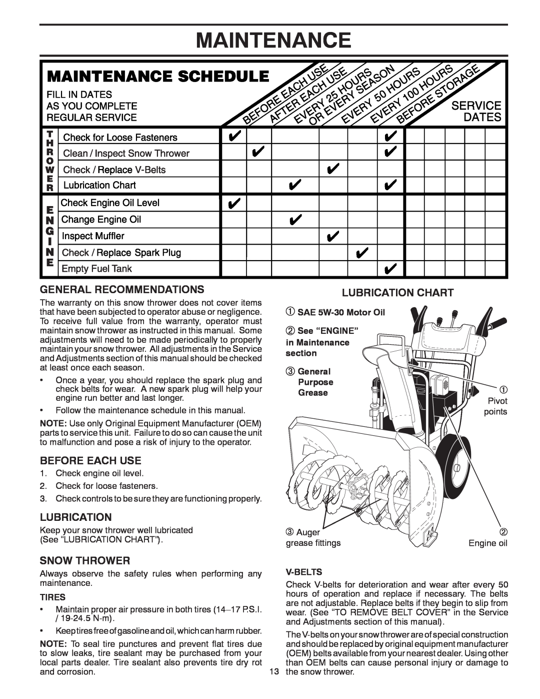 Poulan 415136 Maintenance, General Recommendations, Before Each Use, Lubrication Chart, Snow Thrower, Purpose Grease 