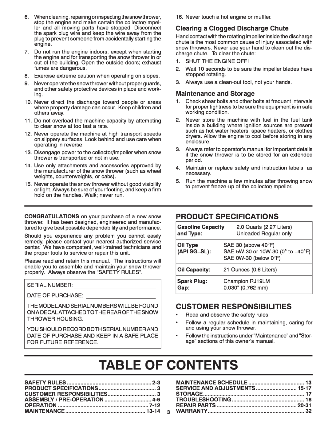Poulan 415136 Table Of Contents, Product Specifications, Customer Responsibilities, Clearing a Clogged Discharge Chute 