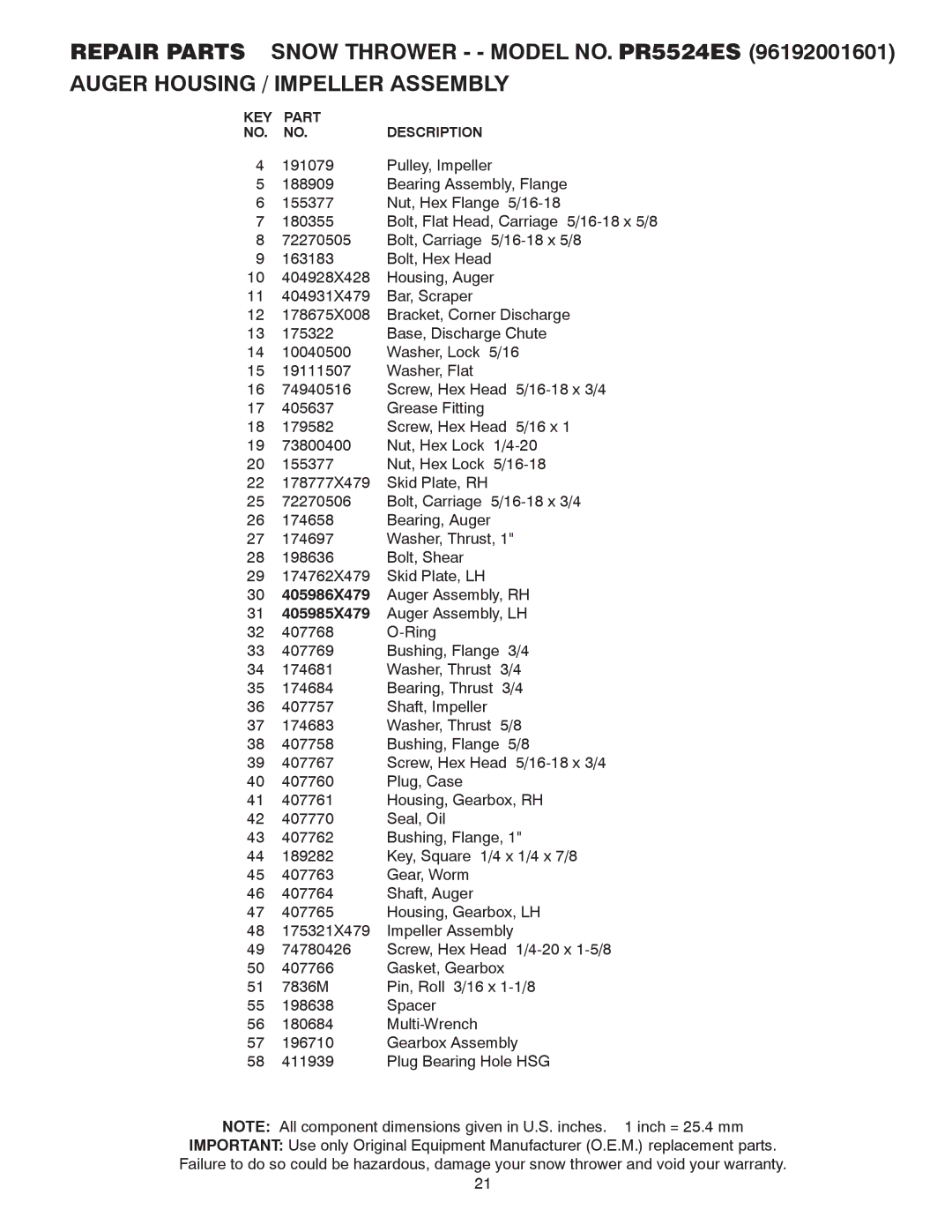 Poulan 415136 owner manual KEY Part Description 