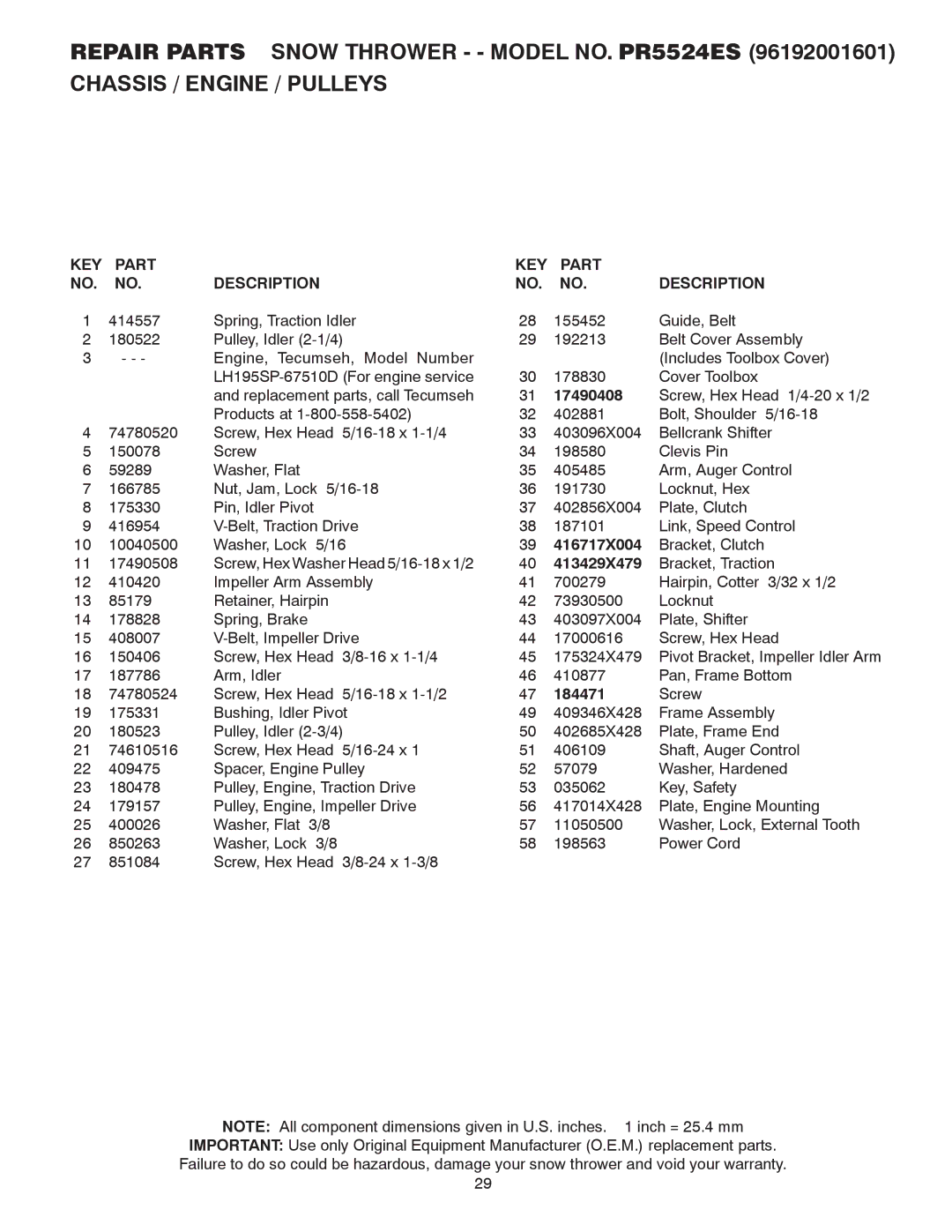 Poulan 415136 owner manual KEY Part Description, 17490408, 416717X004, 413429X479, 184471 