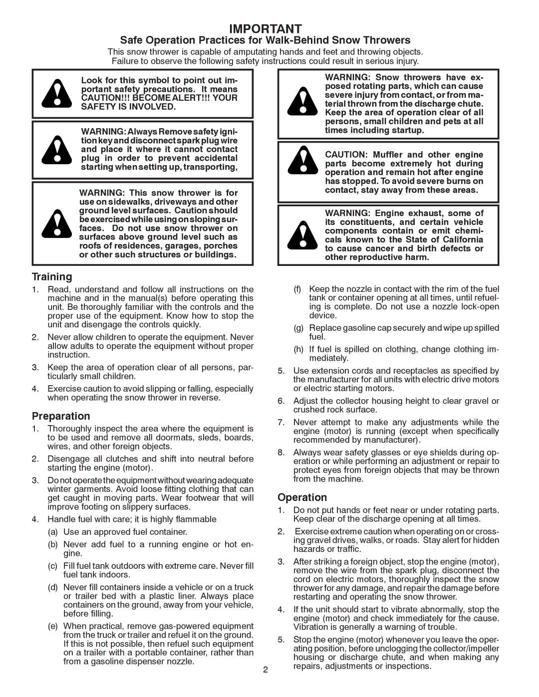 Poulan 415180 owner manual Safe Operation Practices for Walk-Behind Snow Throwers 