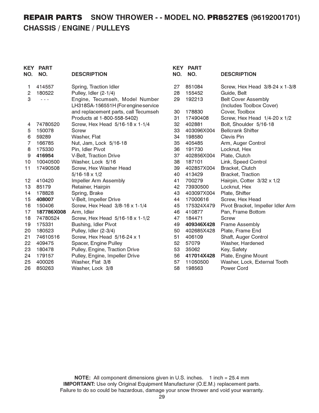 Poulan 415180 owner manual KEY Part Description 