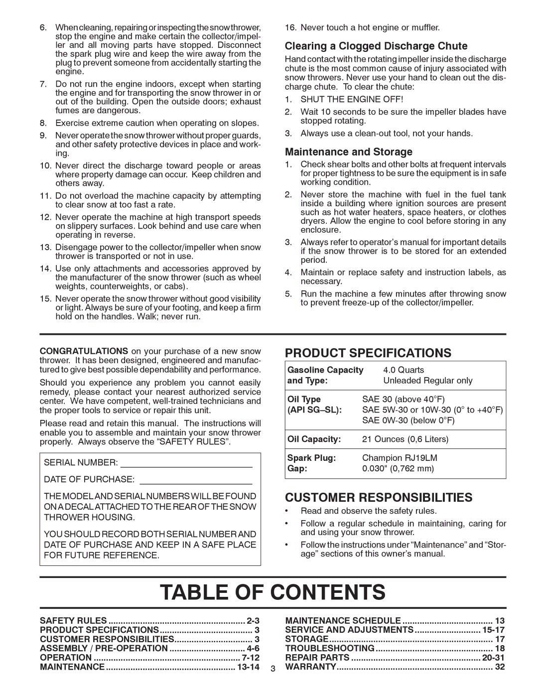 Poulan 415180 owner manual Table of Contents 