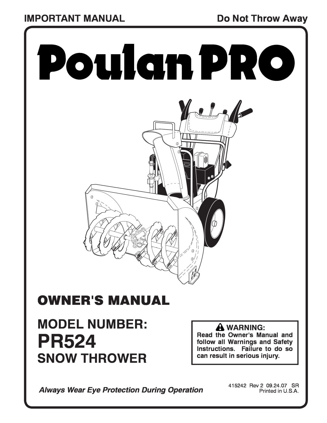 Poulan 415242 owner manual Snow Thrower, Important Manual, PR524, Do Not Throw Away 