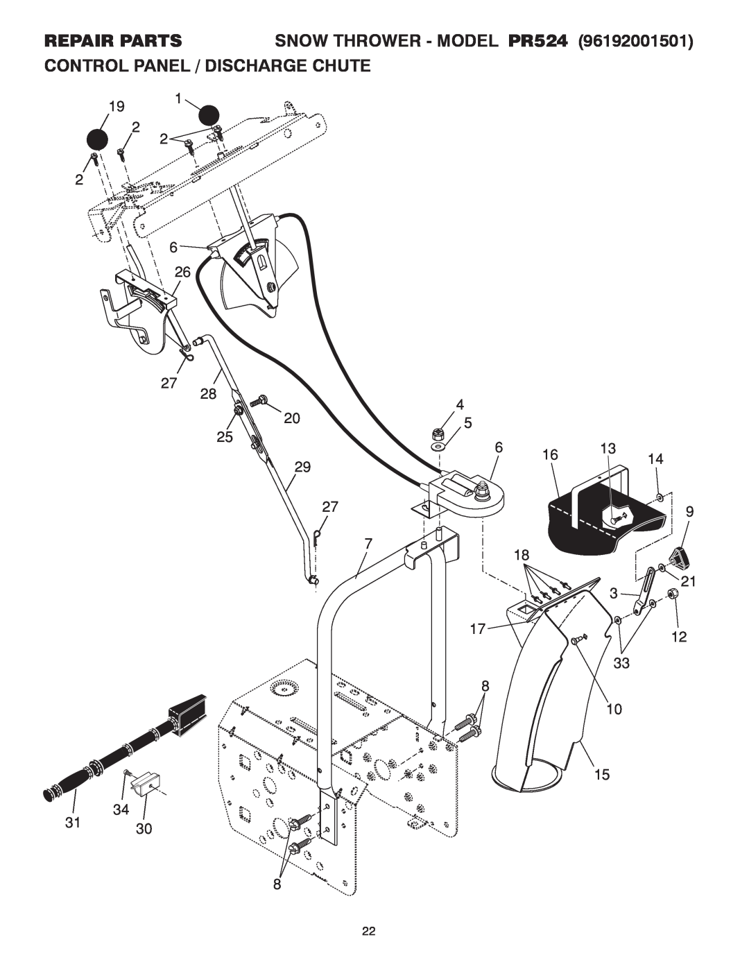 Poulan 415242 owner manual REPAIR PARTS SNOW THROWER - MODEL PR524, Control Panel / Discharge Chute 