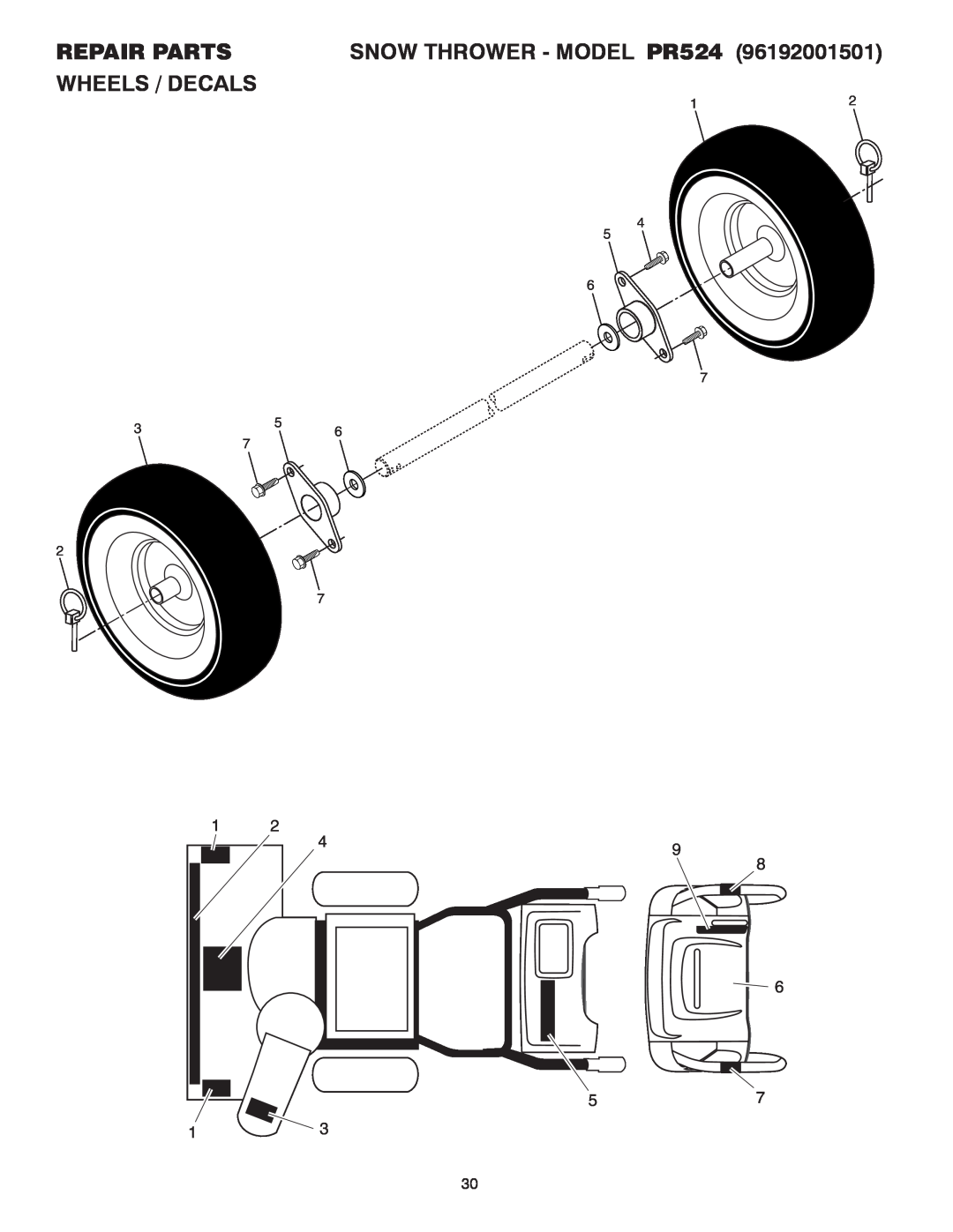 Poulan 415242 owner manual Wheels / Decals, Repair Parts, SNOW THROWER - MODEL PR524 