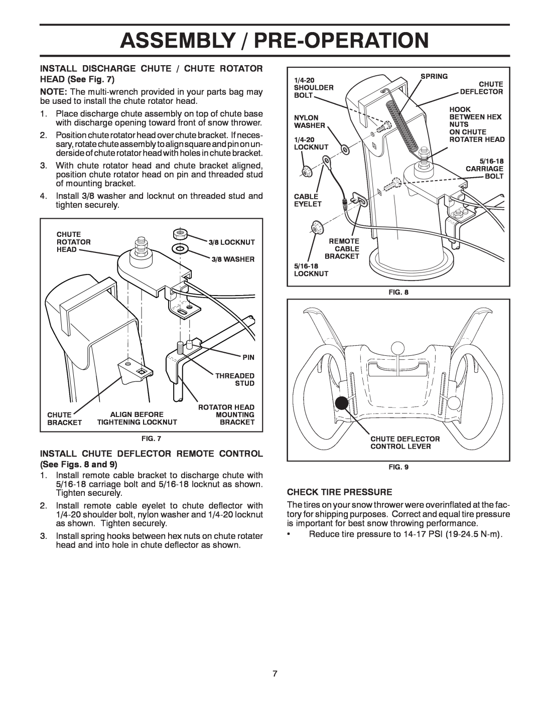 Poulan 415242 Assembly / Pre-Operation, INSTALL DISCHARGE CHUTE / CHUTE ROTATOR HEAD See Fig, Check Tire Pressure 