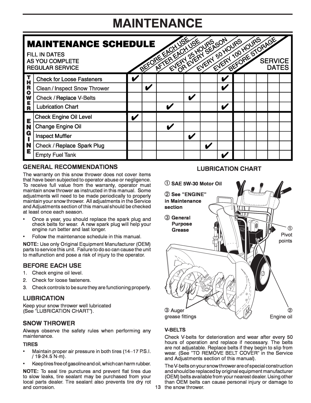 Poulan 96192001801 Maintenance, General Recommendations, Before Each Use, Snow Thrower, Lubrication Chart, Tires 