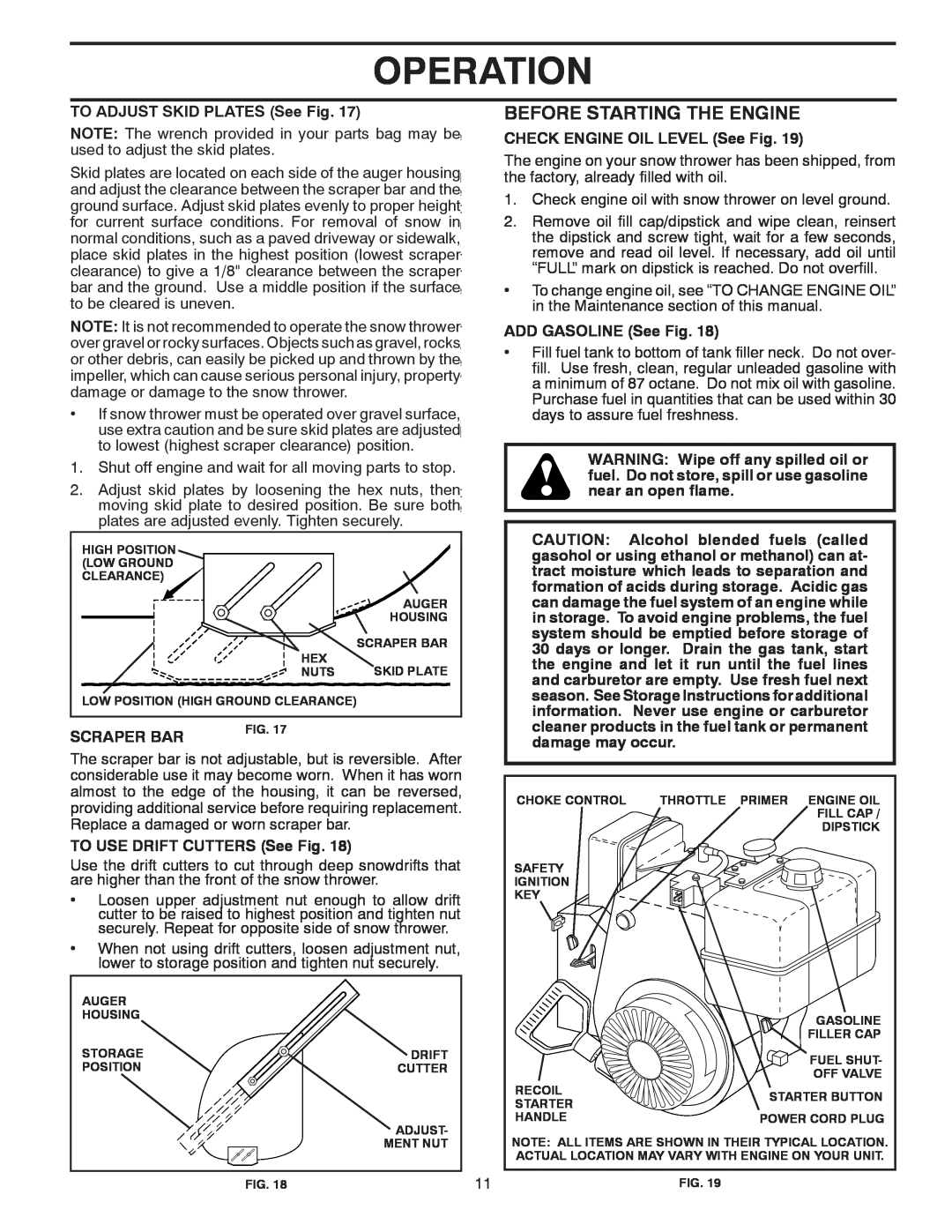 Poulan 961980020 Operation, Before Starting The Engine, TO ADJUST SKID PLATES See Fig, bar and the ground. Use a middl 