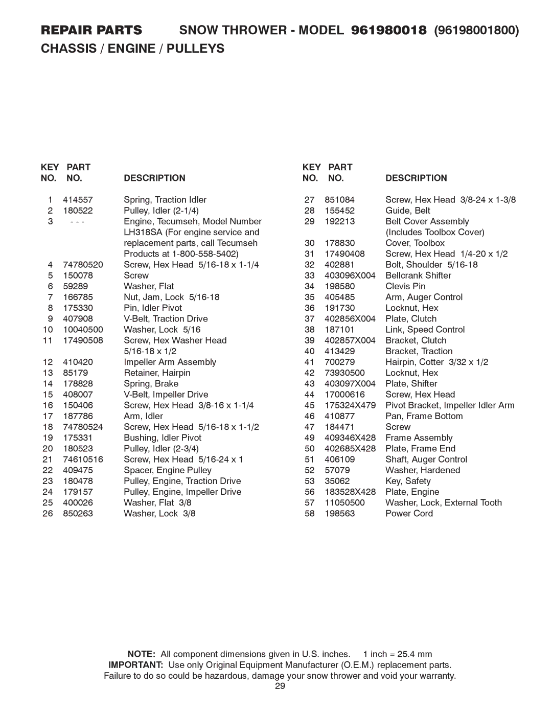 Poulan 415312 owner manual KEY Part Description 