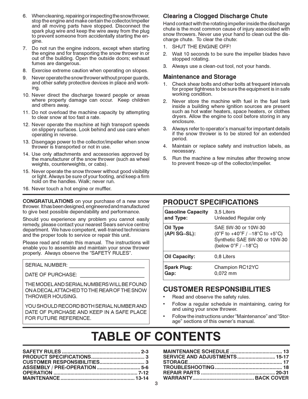 Poulan 96198001900, 415324 owner manual Table of Contents 