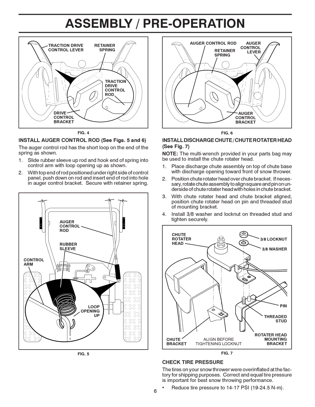 Poulan 415324, 96198001900 Install Auger Control ROD See Figs, Install Discharge Chute / Chute Rotater Head See Fig 