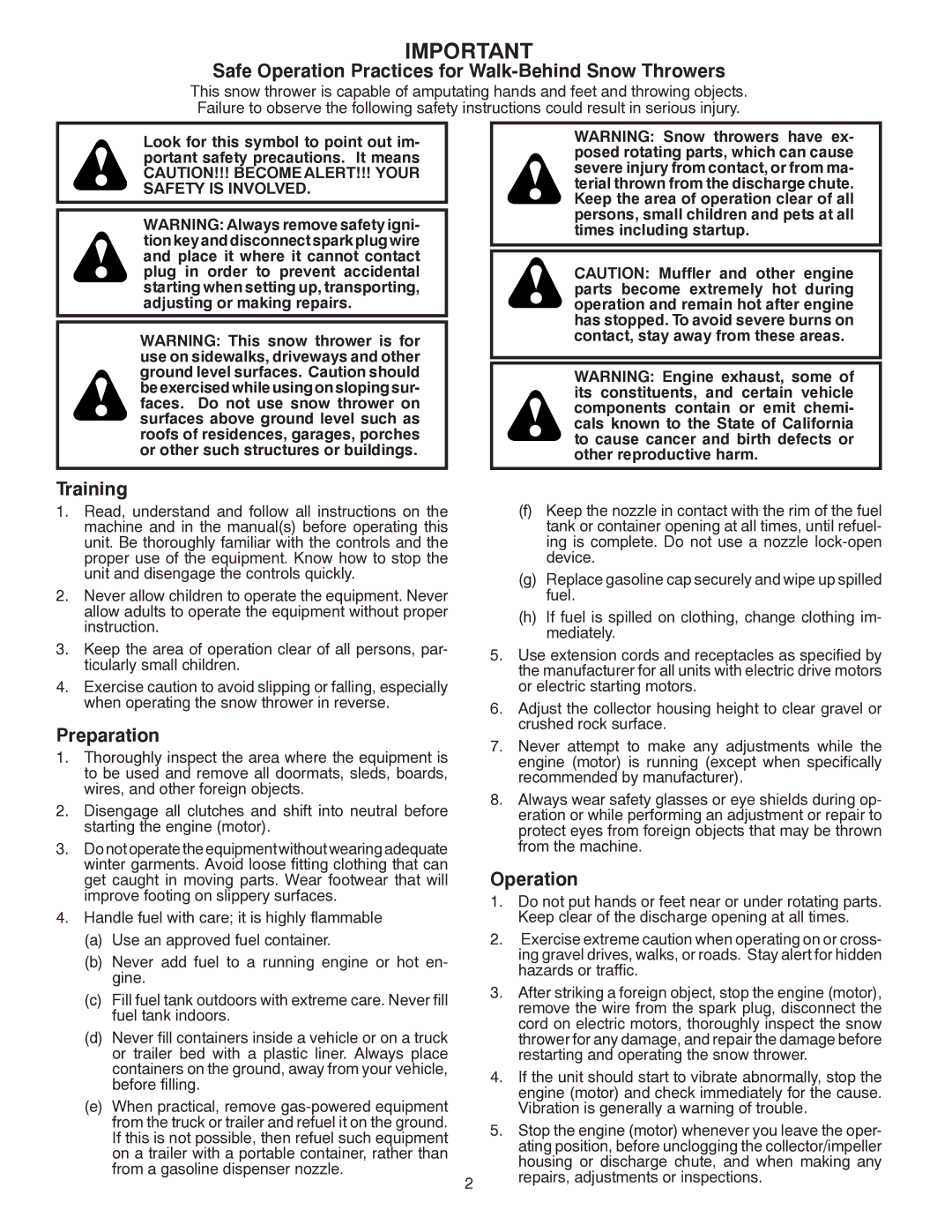 Poulan 415332, 96198001801 owner manual Safe Operation Practices for Walk-Behind Snow Throwers 