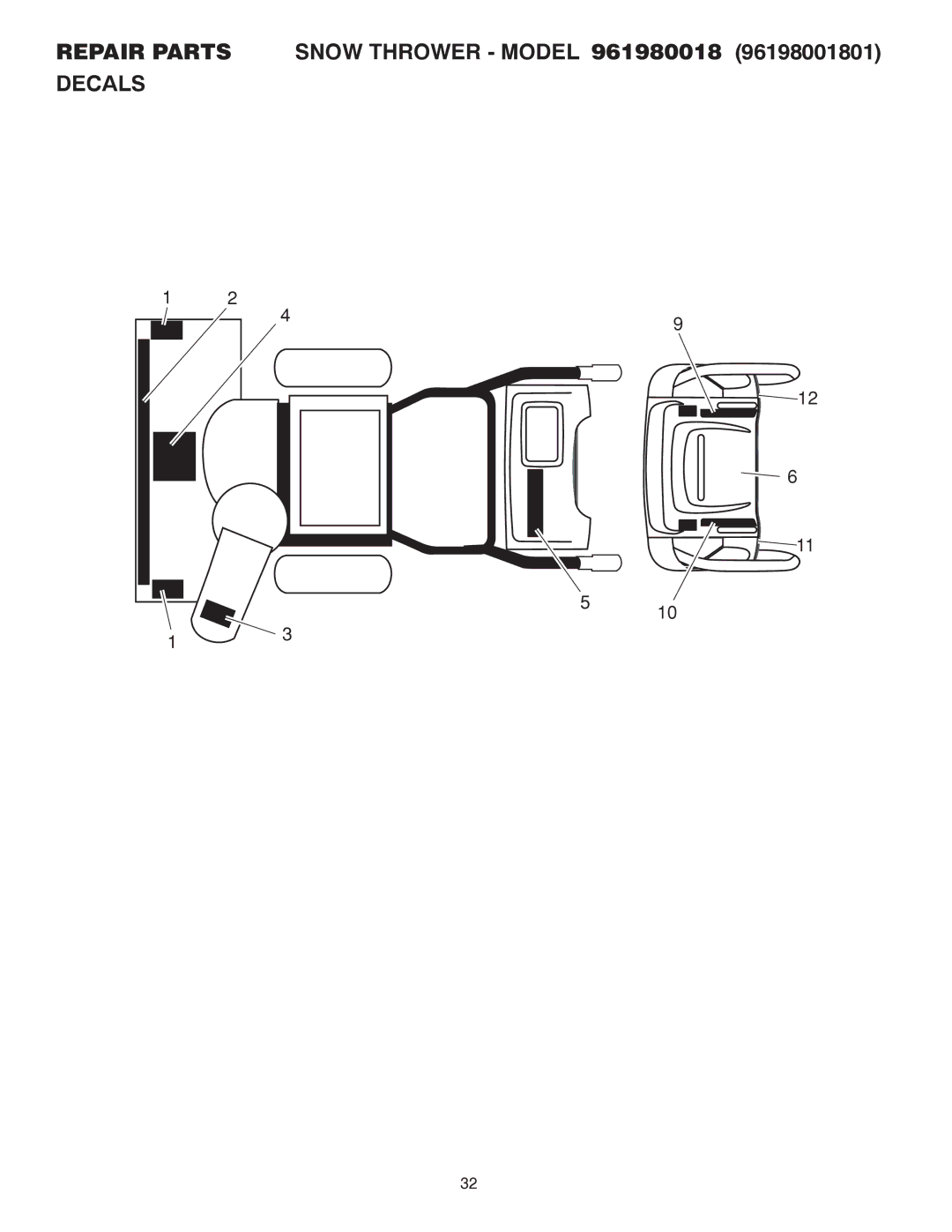 Poulan 415332 owner manual Repair Parts Snow Thrower Model 961980018 96198001801 Decals 